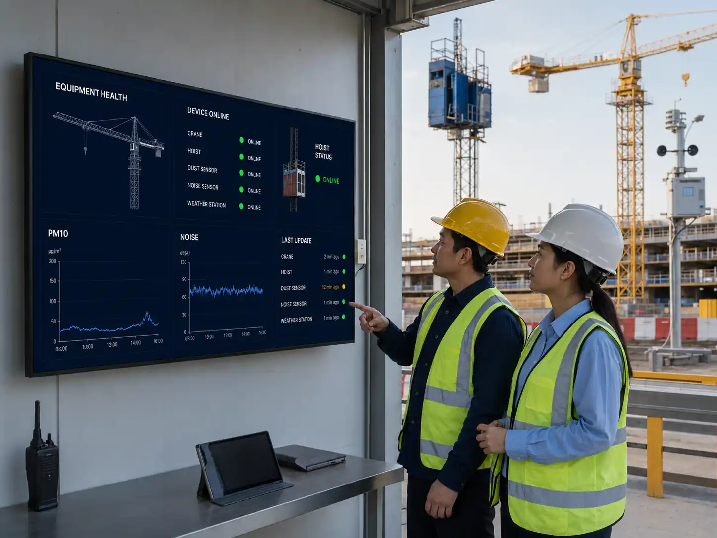High-fidelity construction machinery and environmental monitoring with response workflow
