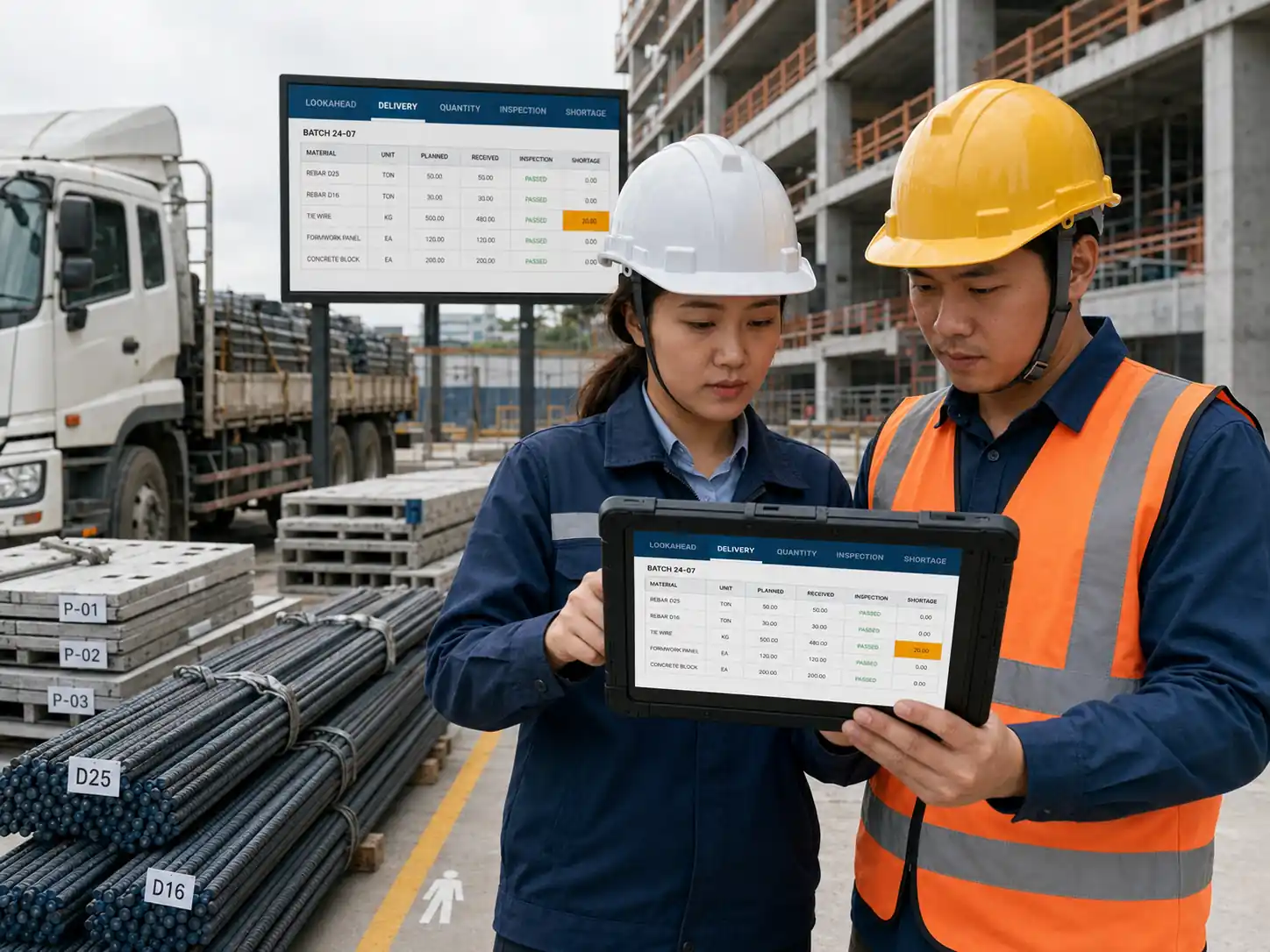 Project manager coordinating construction progress, deliveries, material acceptance and field tasks