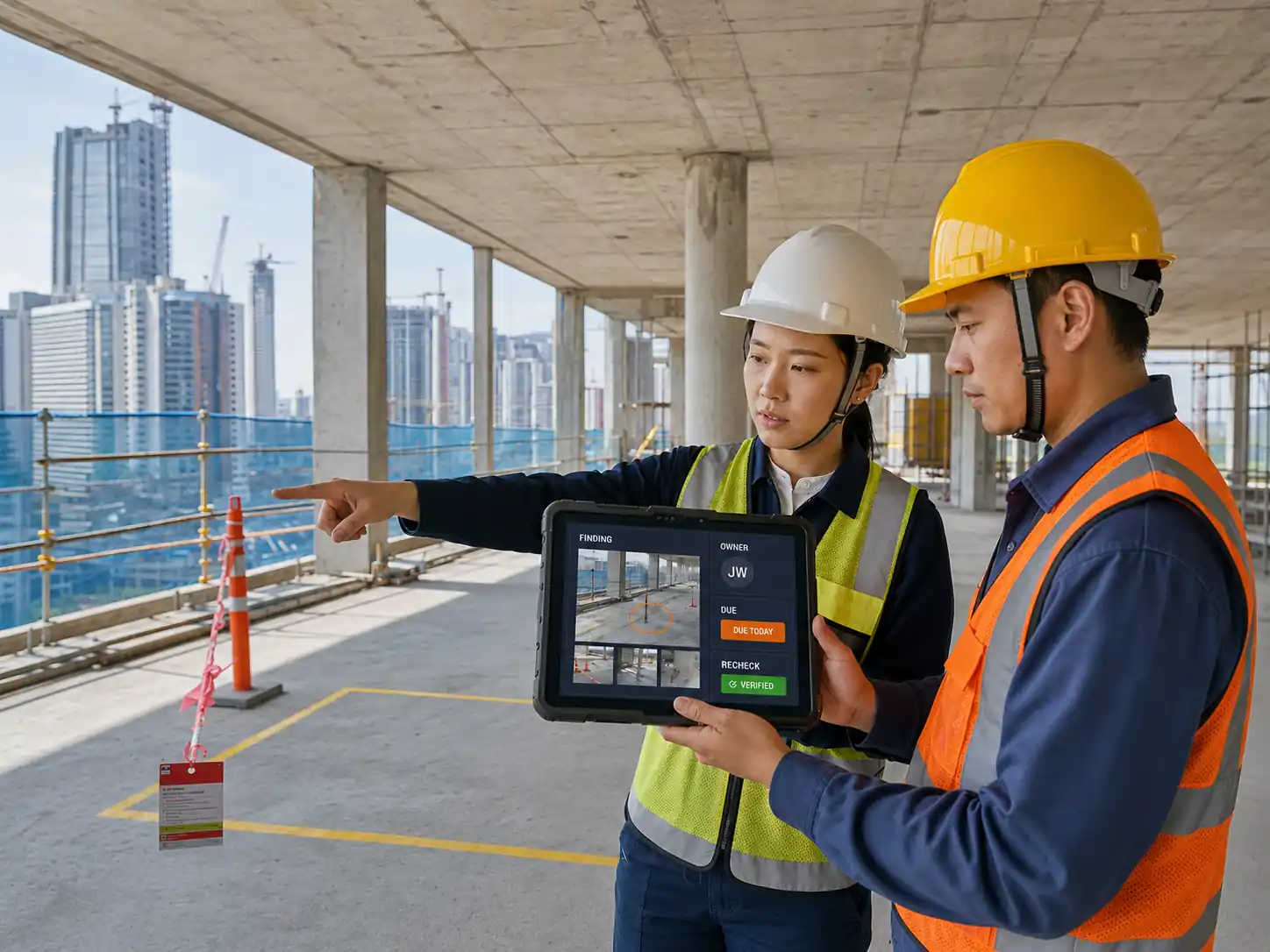 Engineer completing quality inspection and safety issue correction on a construction site