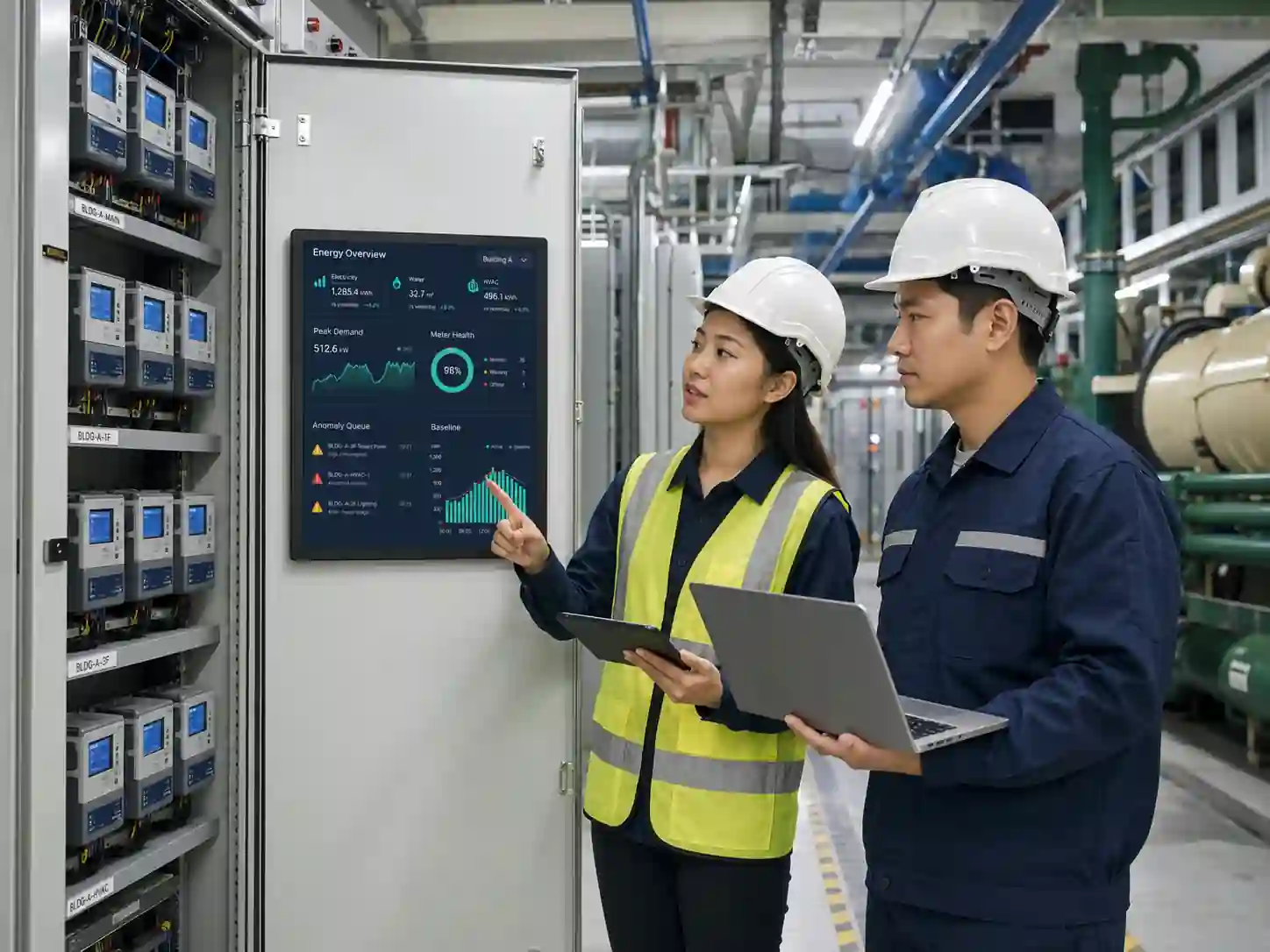 Park energy team reviewing zone consumption, peak demand, asset efficiency and carbon analysis