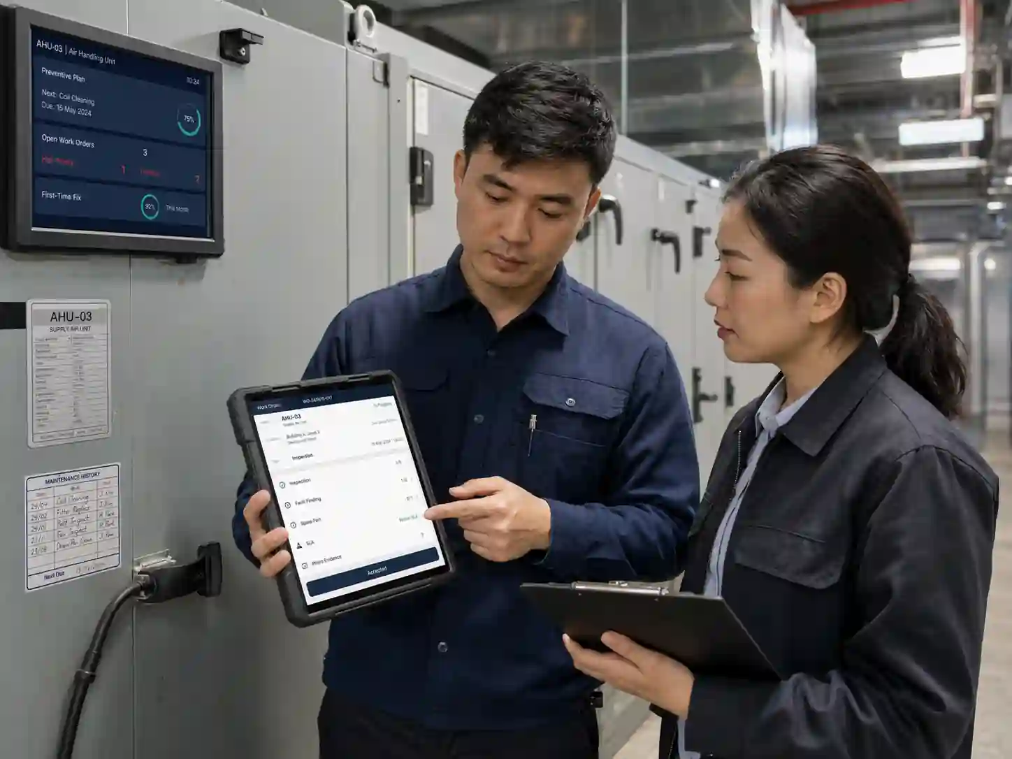 Park facilities engineer using a tablet for inspection, planned maintenance and repair in a plant room