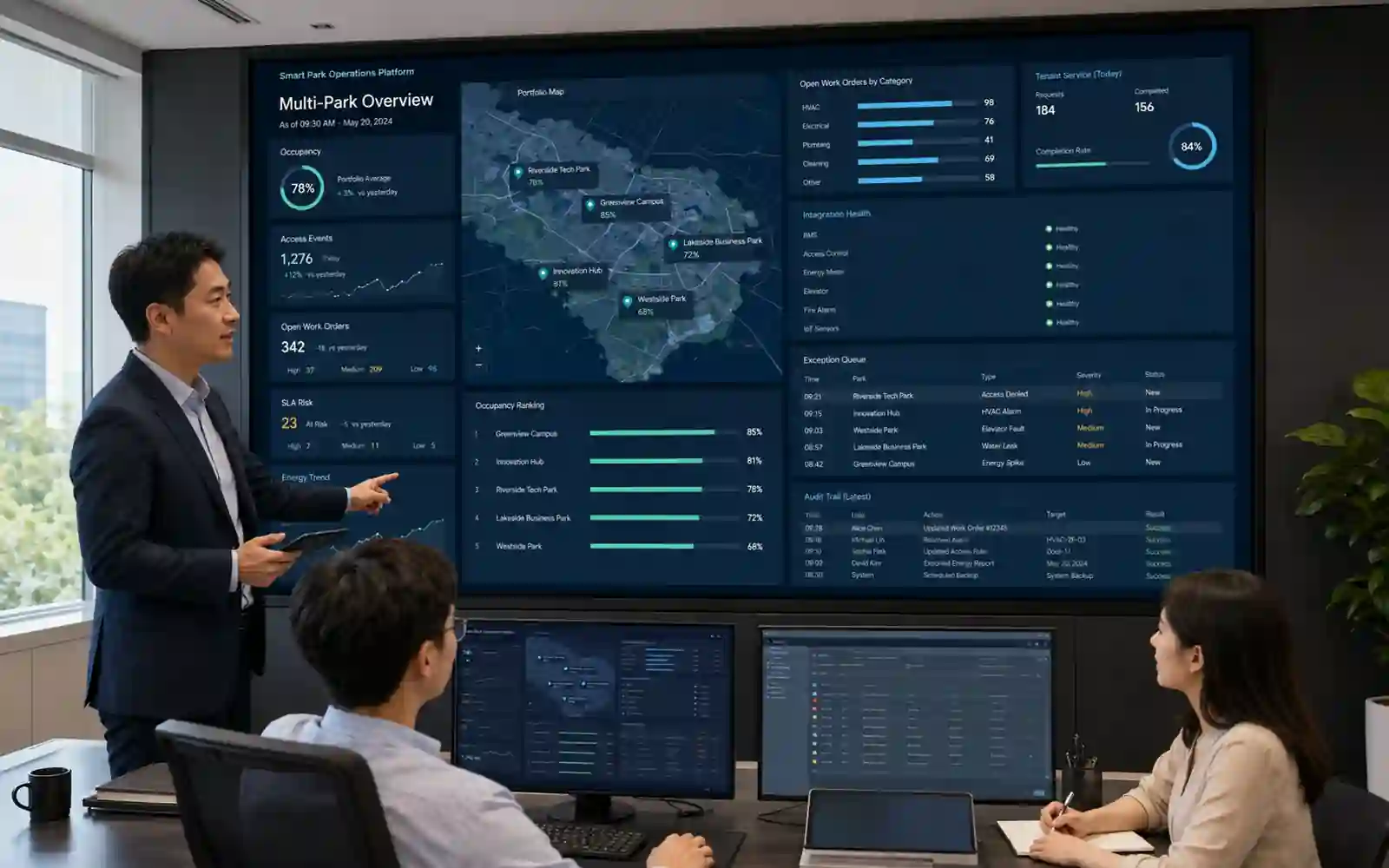 Smart park command center reviewing occupancy, tenant services, facility work, security alerts, energy and exception queues