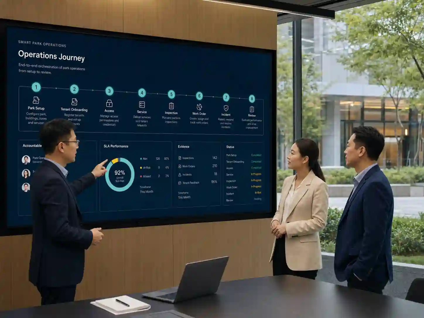 Eight-step smart park workflow covering setup, onboarding, access, facilities, emergency response, energy, services and review
