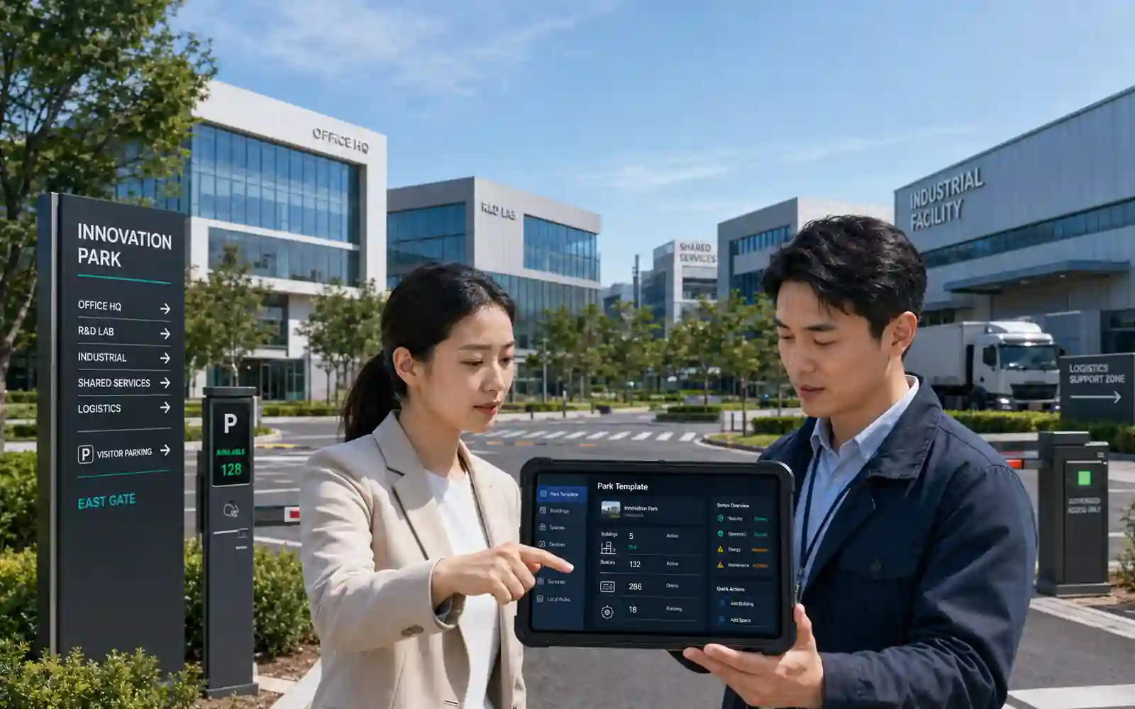 Industrial, office, manufacturing, technology and mixed-use parks using a smart operations platform
