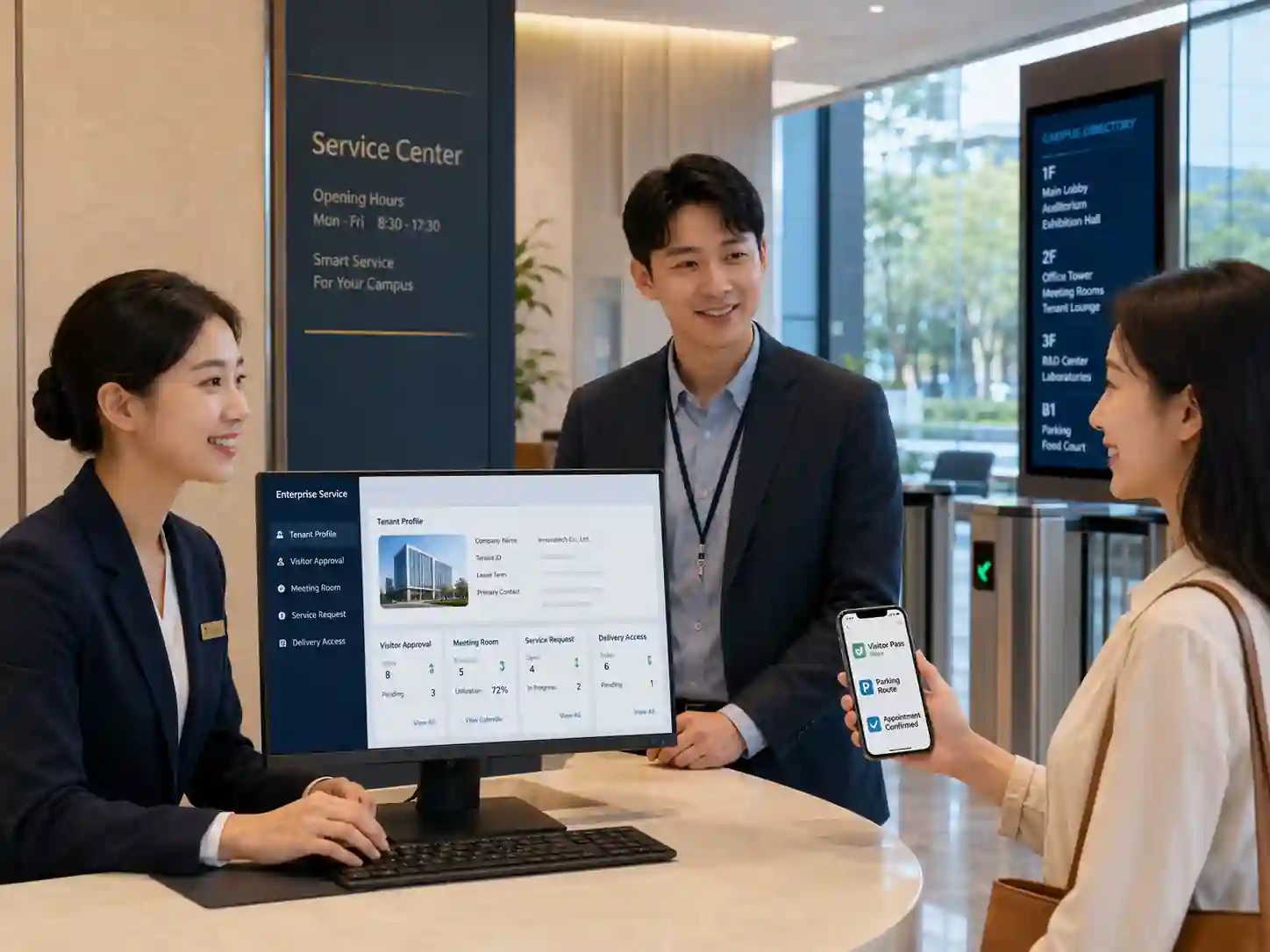 Park service center coordinating tenant onboarding, employee access, visitor booking and vehicle authorization