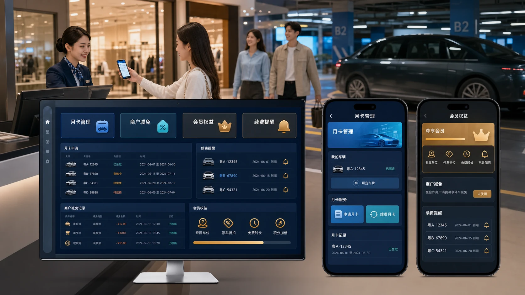停车场服务台与月卡、商户减免、会员权益和续费提醒管理界面