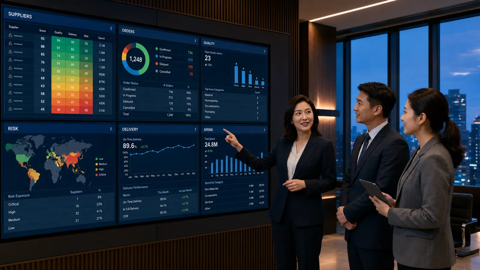 Procurement leaders and supplier representatives reviewing a high-fidelity SRM control center