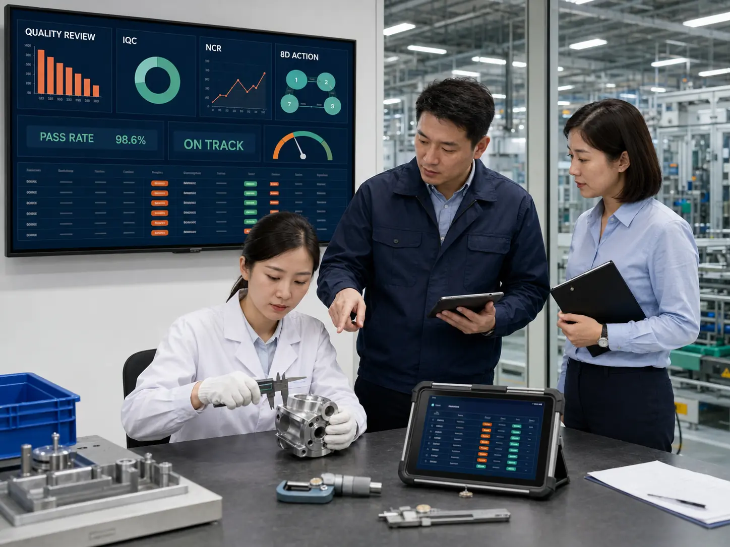 Quality engineers reviewing incoming inspection, supplier corrective action and performance