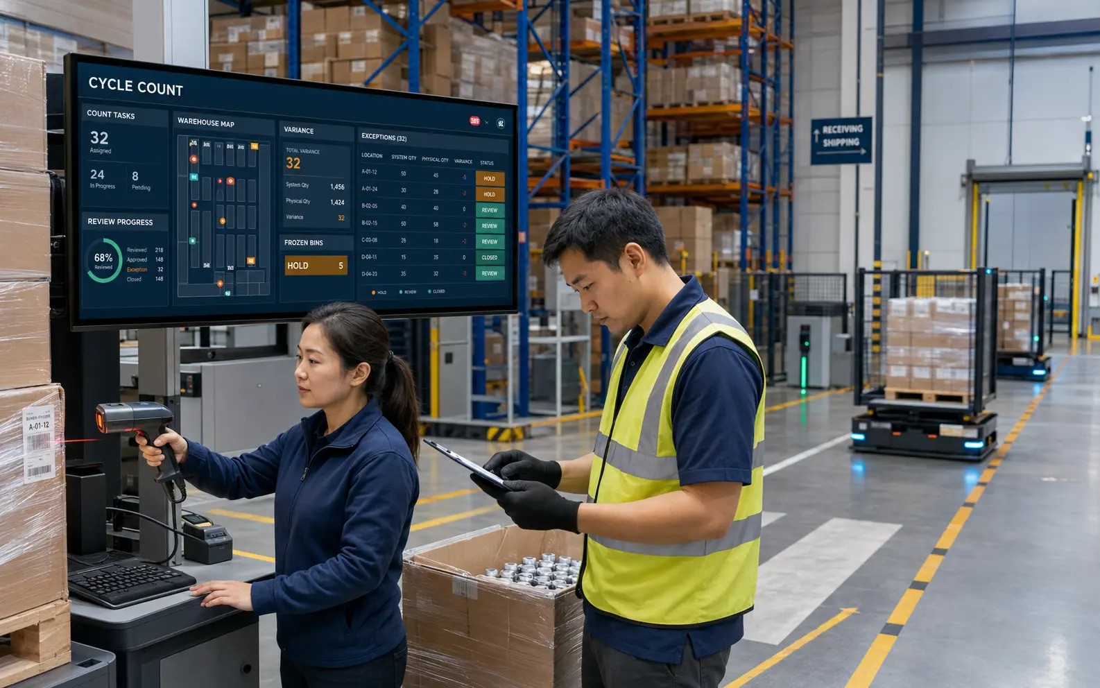 Cycle count staff resolving inventory variance alongside AMR transport tasks