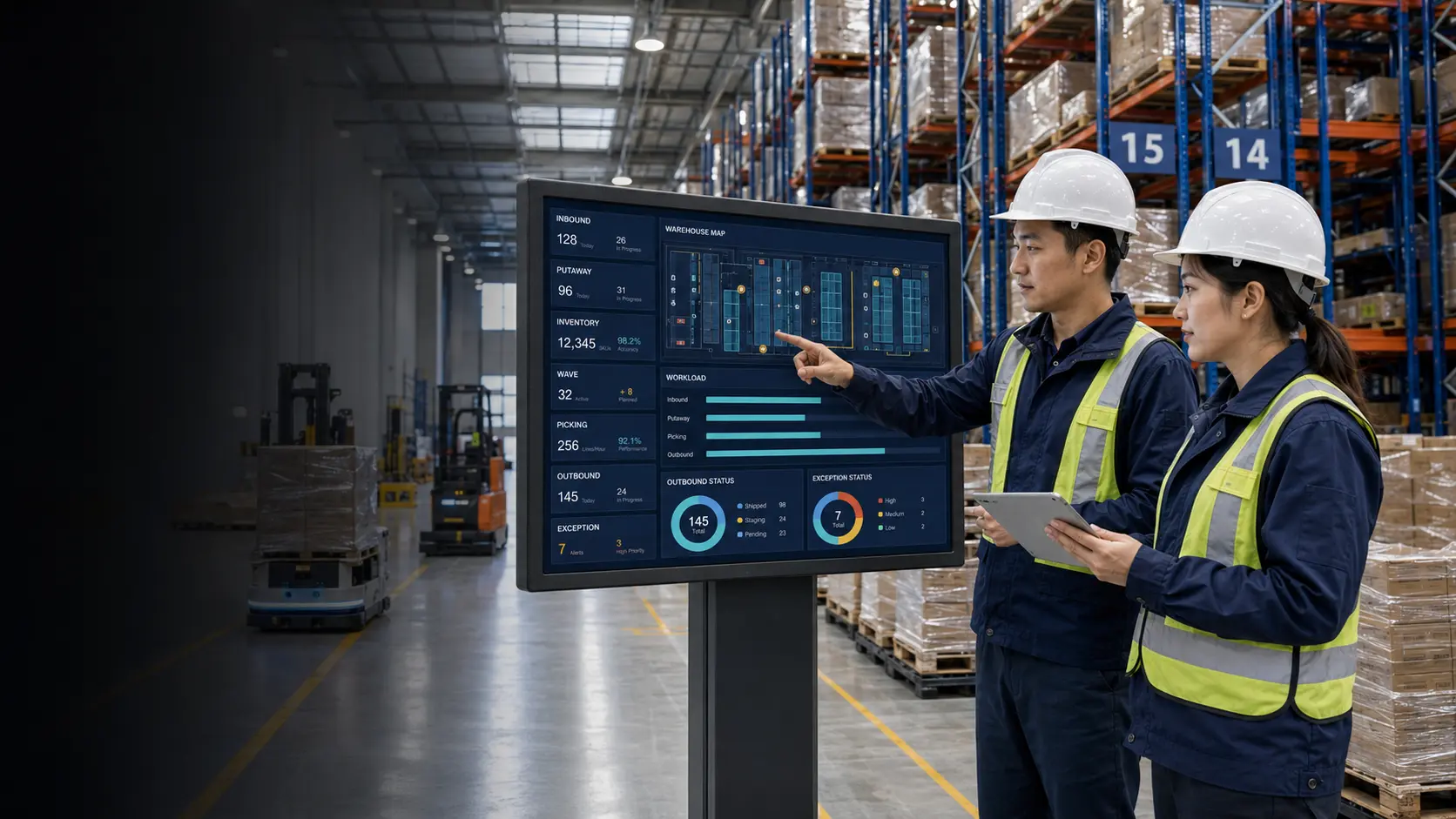 Warehouse manager reviewing locations, tasks, and stock in a smart warehouse control tower