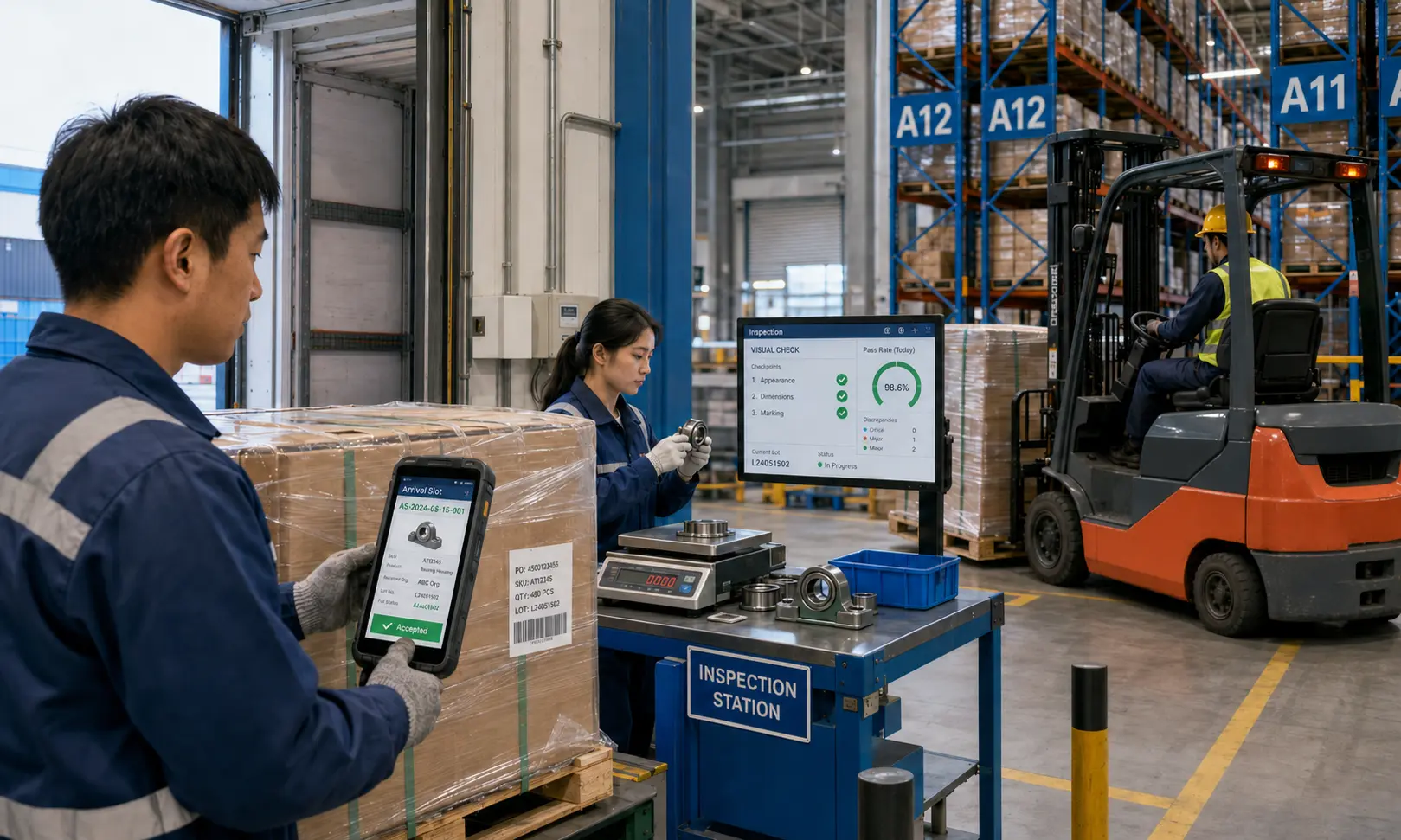Receiving staff, inspectors, and forklift operators coordinating pallet receipt and directed putaway