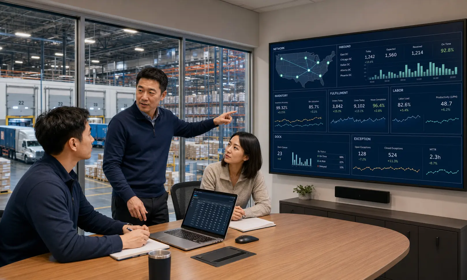 Multi-warehouse team analyzing stock, orders, labor, dock, and fulfillment performance