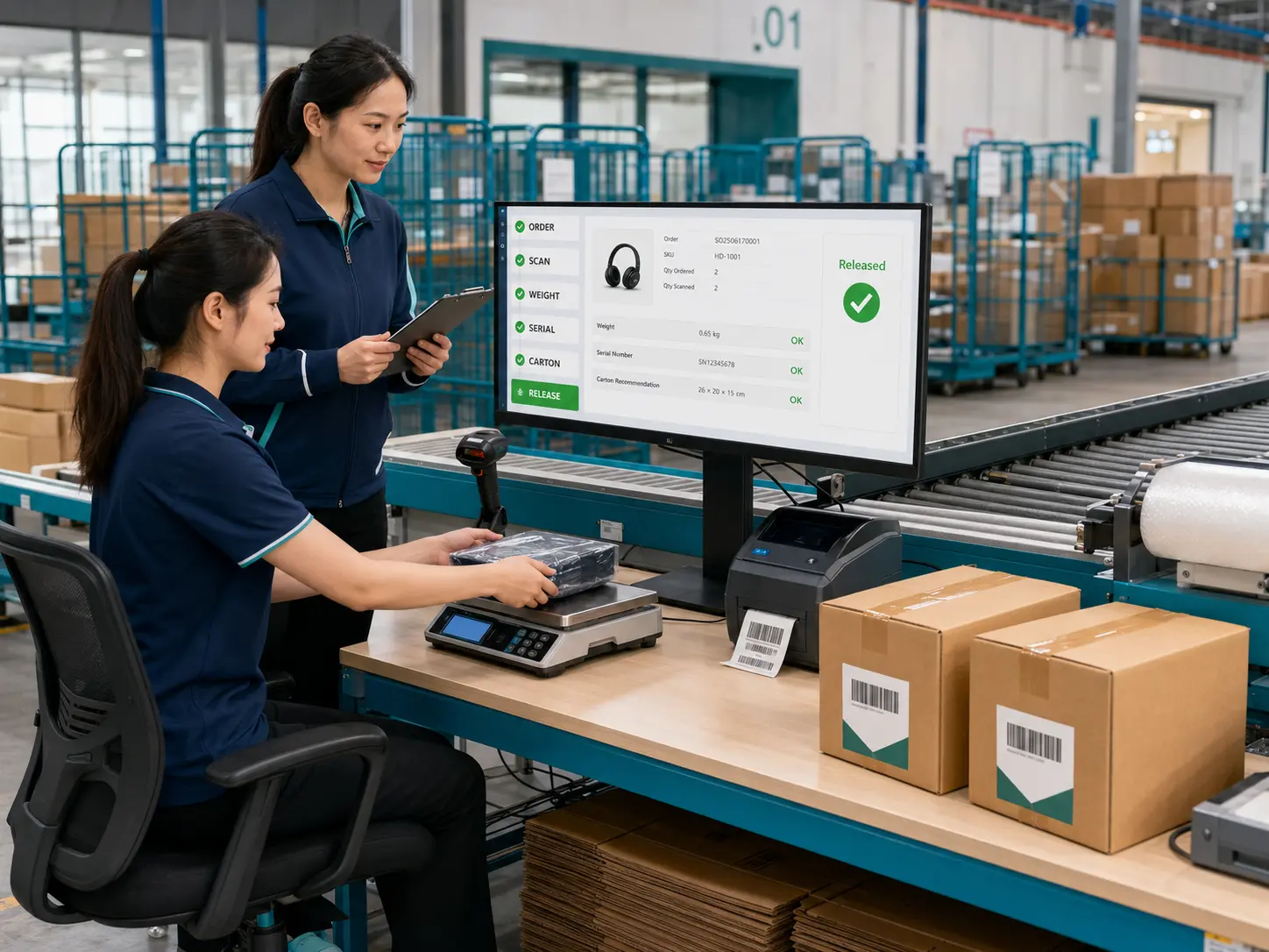 Packing station scanning items, checking weight and serials, and releasing shipments