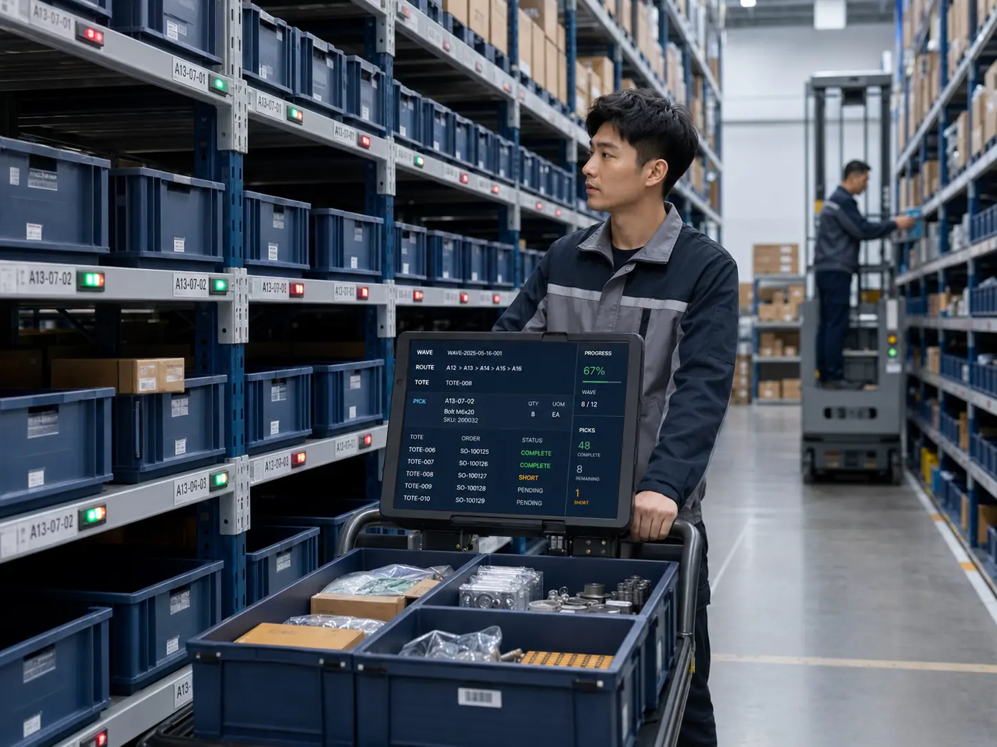 Picker completing multi-order work with wave routes and pick-to-light locations